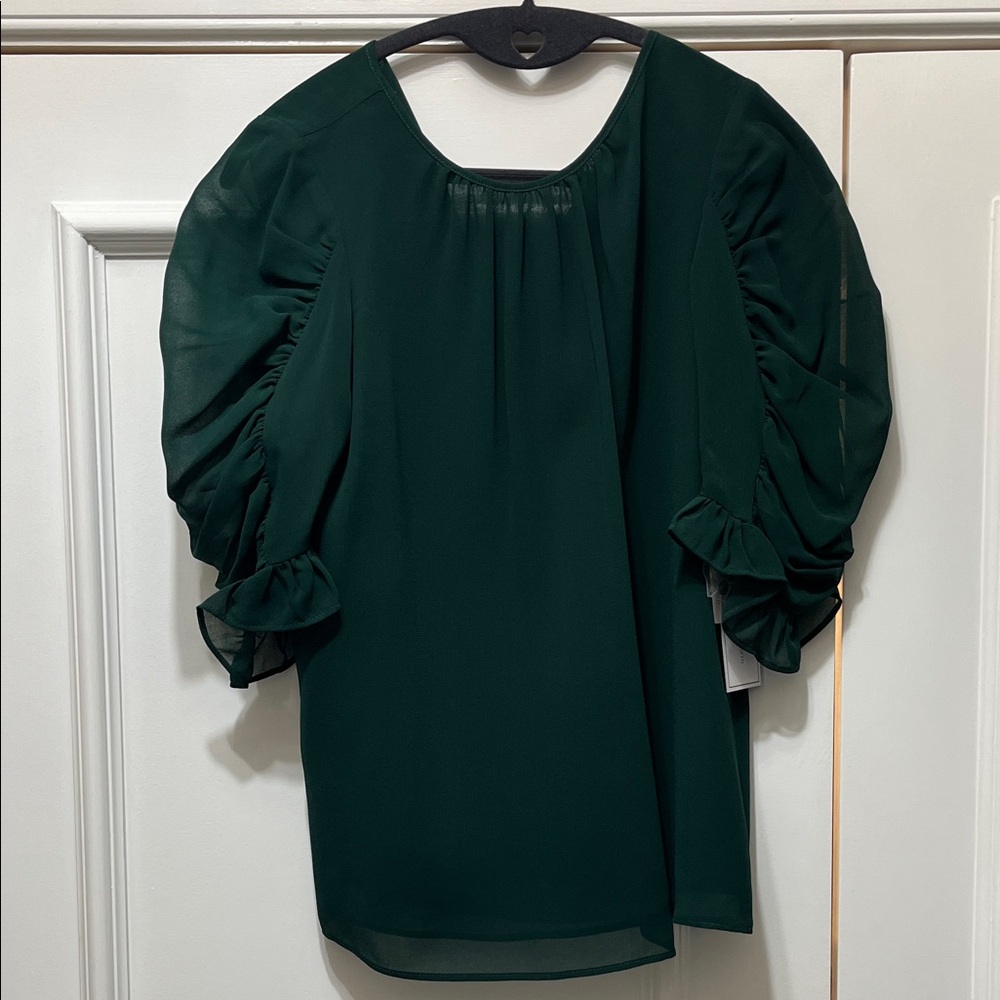 (NWT) 1.State (S) Dark Green Blouse with Ruched Sleeves